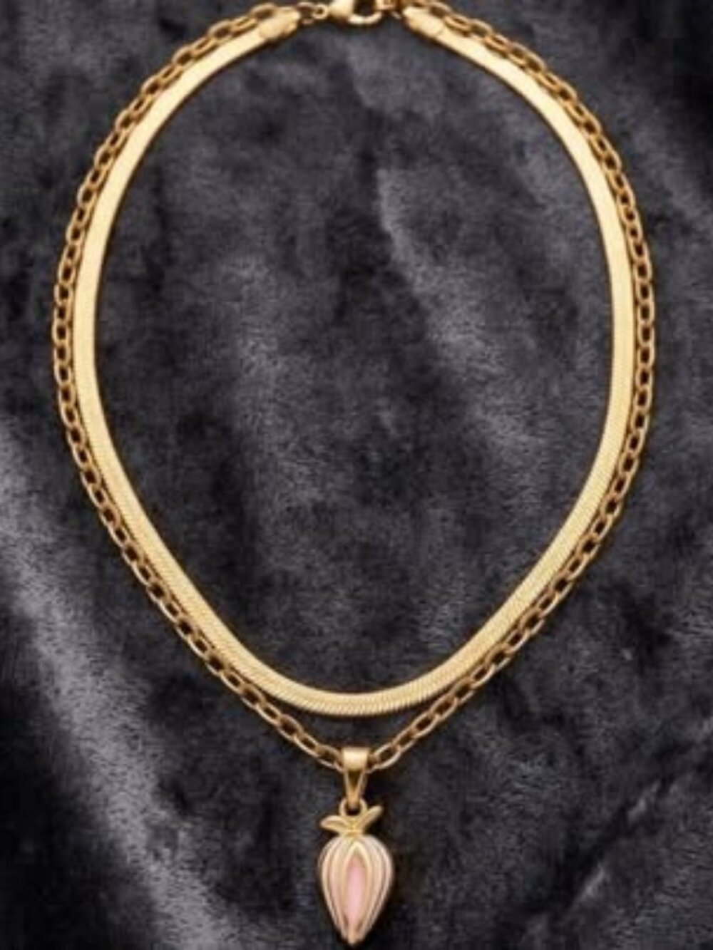 Gold Double Strand Necklace with Pink Enamel Pendant